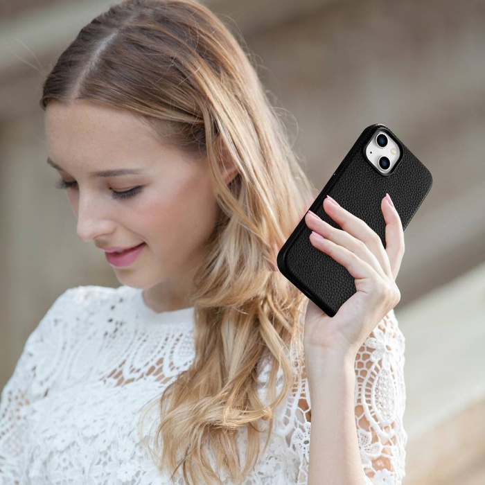 iCarer Litchi Premium Funda de cuero iPhone 14 Plus Funda de cuero magnética con MagSafe Negro (WMI14220711-BK)