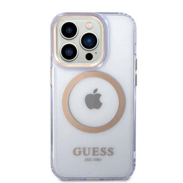Hülle GUESS Apple iPhone 14 Pro Gold Outline Transluzent MagSafe Gold Lila Klar Hartcase