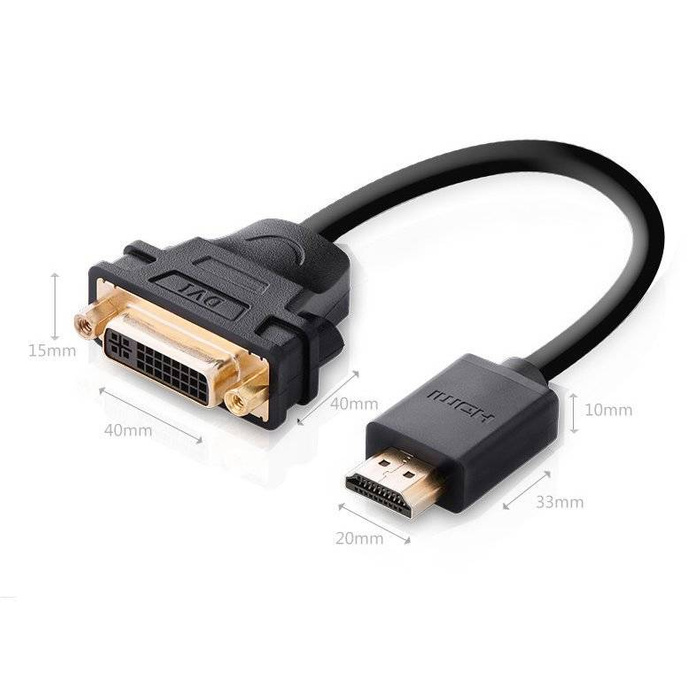 Câble adaptateur câble Ugreen DVI 24 + 5 broches (femelle) - HDMI (mâle) 22 cm noir (20136)