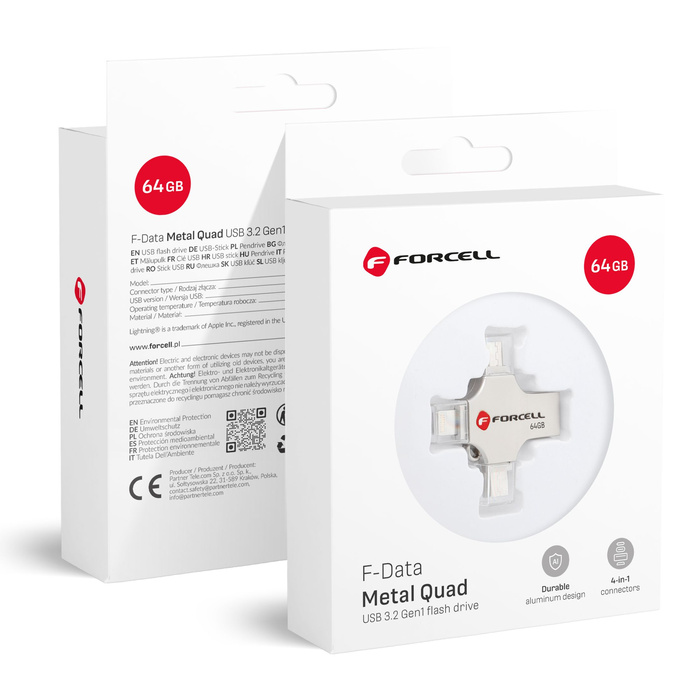 Pendrive 64GB USB 3.2 Gen 1 (USB A / USB C / Lightning / Micro USB) Forcell F-Data Metal Quad srebrny