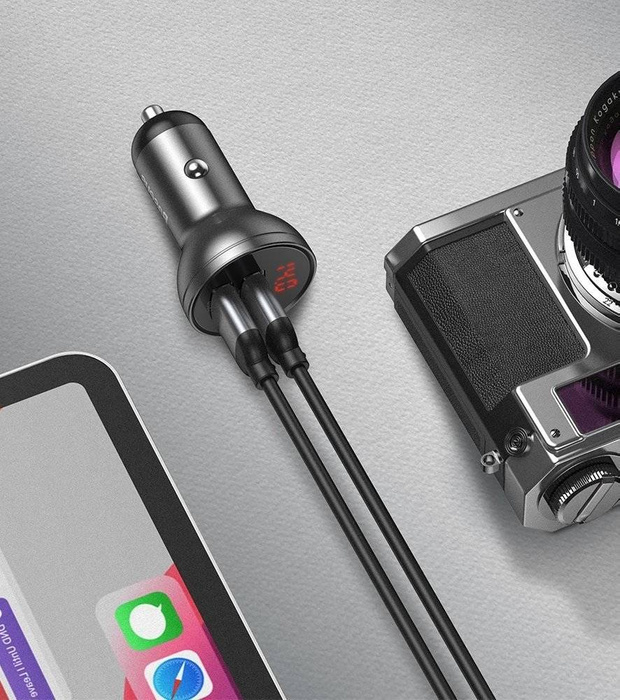 Baseus Digital Display Dual USB 4.8A Car Charger 24W + 3in1 USB - UBS Type C / micro USB / Lightning 1,2m cable black (TZCCBX-0G)