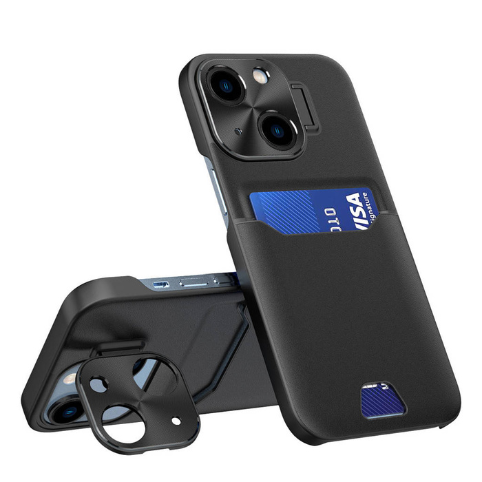 Custodia in pelle Stand Case per iPhone 14 cover card wallet con supporto nero