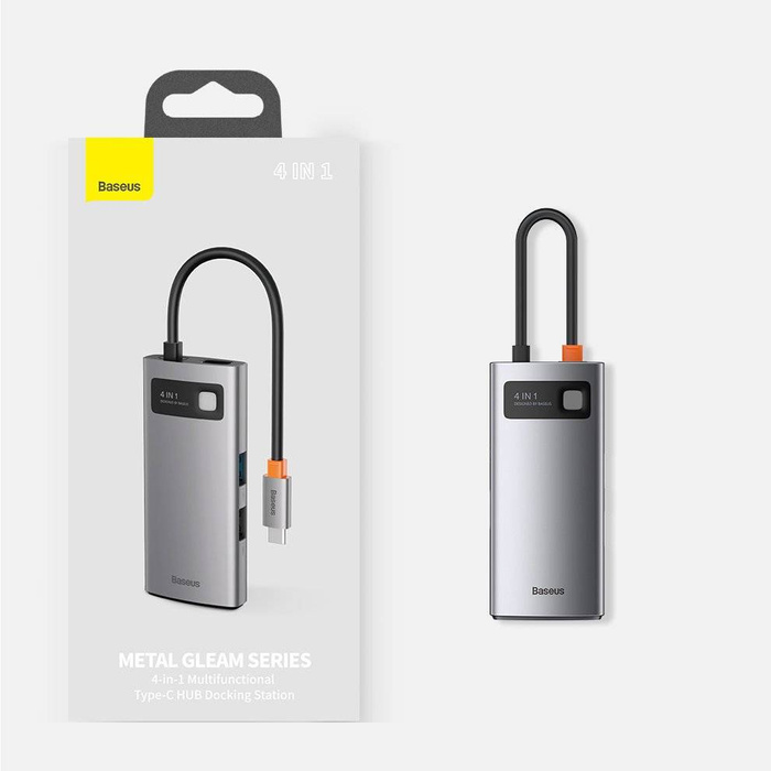 Baseus Metal Gleam 4en1 HUB multifonctionnel USB Type C - Alimentation USB Type C 100 W / HDMI 4K 30 Hz / 1x USB 3.2 Gen 1 / 1x USB 2.0 (CAHUB-CY0G)
