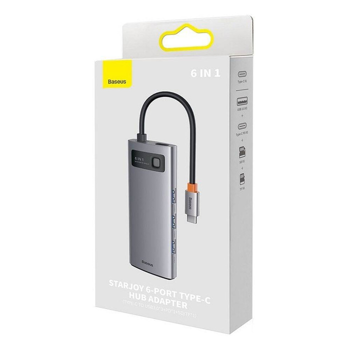 Station d&#39;accueil HUB Baseus Metal Gleam Series 6 en 1 USB Type C - 3 x USB 3.2 Gen.1 / 1 x Alimentation / 1 x Lecteur de carte SD / 1 x Lecteur de carte TF Gris (WKWG030213)