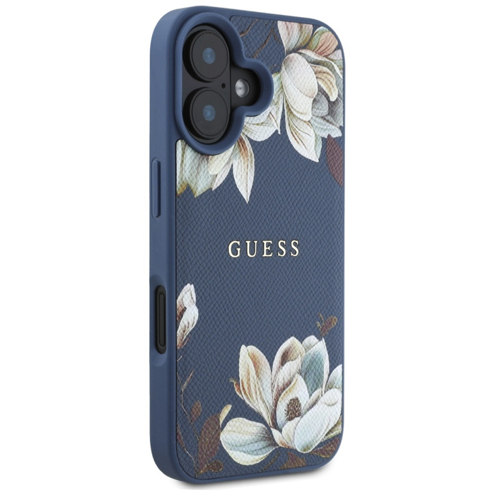 Etui Guess Grained Printed Flower         Pattern MagSafe do iPhone 16 niebieski