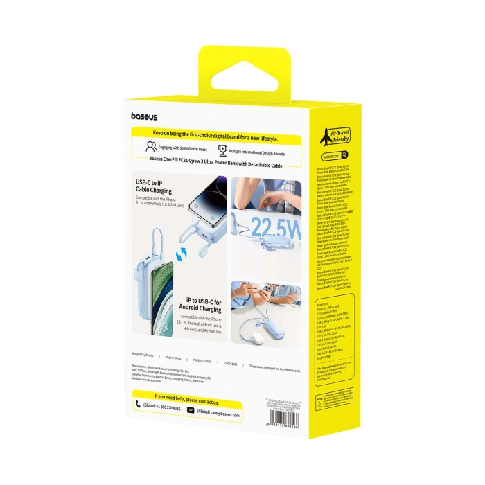 Powerbank Baseus EnerFill FC21 Qpow 3 Ultra 20000mAh 22.5W z wyświetlaczem z dołączonym kablem - niebieski