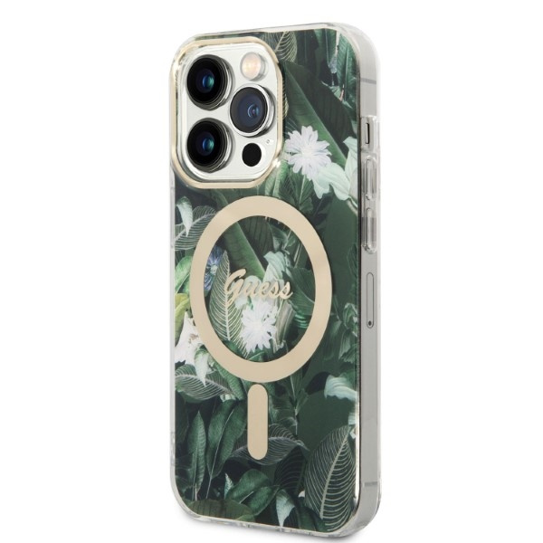 Kit Cover Guess Case+ Caricabatterie iPhone 14 Pro 6.1" verde/verde rigido case Jungle MagSafe