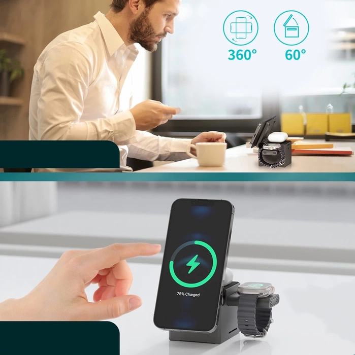 Choetech T632-F induktives Ladegerät 15W 3in1 für iPhone / Apple Watch / AirPods - Grau