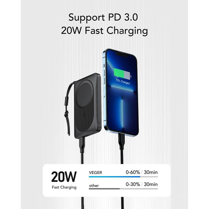 Powerbank zgodny z MagSafe Veger MagOn (VP1151 / W1151) PD QC3.0 2A 20W z ładowaniem indukcyjnym czarny