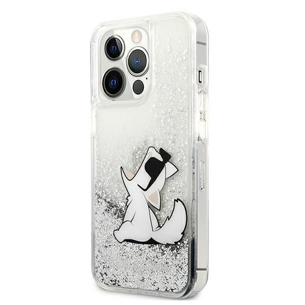Puzdro KARL LAGERFELD Apple iPhone 13 Pro Max Liquid Glitter Choupette Fun strieborné pevné puzdro