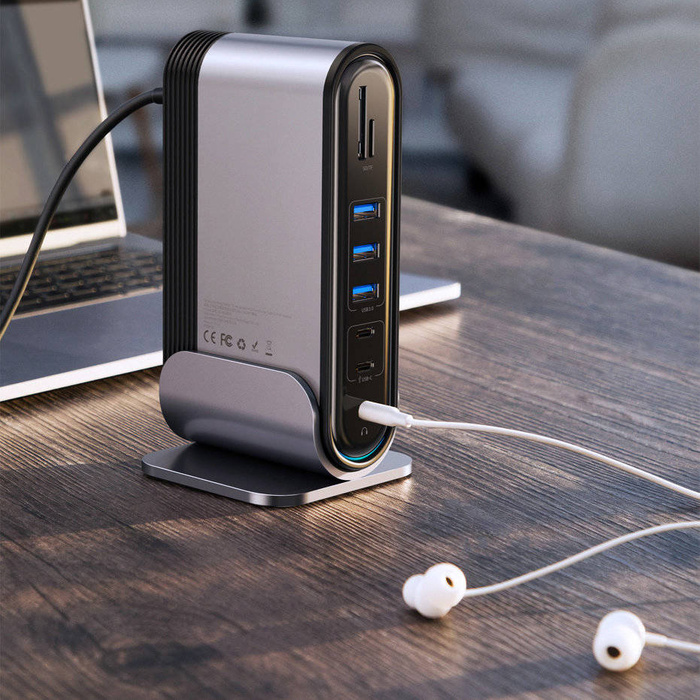 Baseus multifunkční HUB 3x USB 3.2 Gen 1 / 2x USB 2.0 / 2x USB Typ C / SD a micro SD / AUX / 3x HDMI / RJ45 1Gbps napájení 100 W (zástrčky EU / CN / UK) šedá (CAHUB-DG0G)