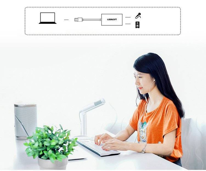 Ugreen externí hudební adaptér pro zvukovou kartu USB - 3,5 mm mini jack 15 cm bílý (US205 30143)