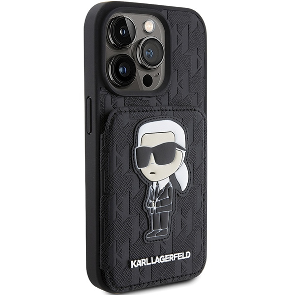 Karl Lagerfeld KLHCP15LSAKKNSCK iPhone 15 Pro 6,1" negro/negro durocase Saffiano Tarjetero y soporte Monograma Ikonik Patch