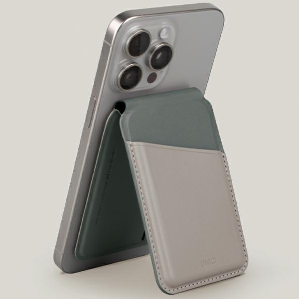 Uniq Lyden DS magnetische RFID-Geldbörse mit Telefonständer – Beige und Grün