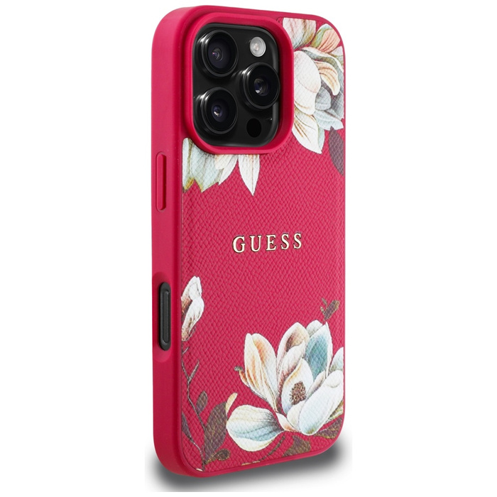 Etui Guess Grained Printed Flower         Pattern MagSafe do iPhone 16 Pro Max fuksja