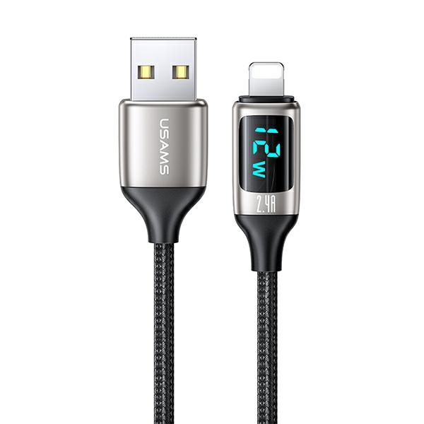 USAMS U78 Lightning 1,2 m-es LED Kábel 2,4 A Gyorstöltés ezüst fekete SJ543USB02 (US-SJ543)