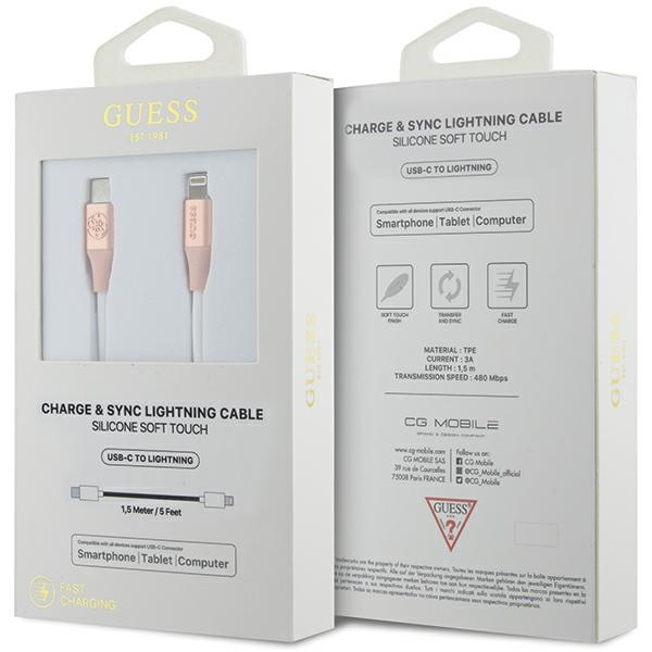 Guess GUCLLALRGDP kabel USB-C - Lightning 1.5m Fast Charging różowy/pink Ebossed Logo