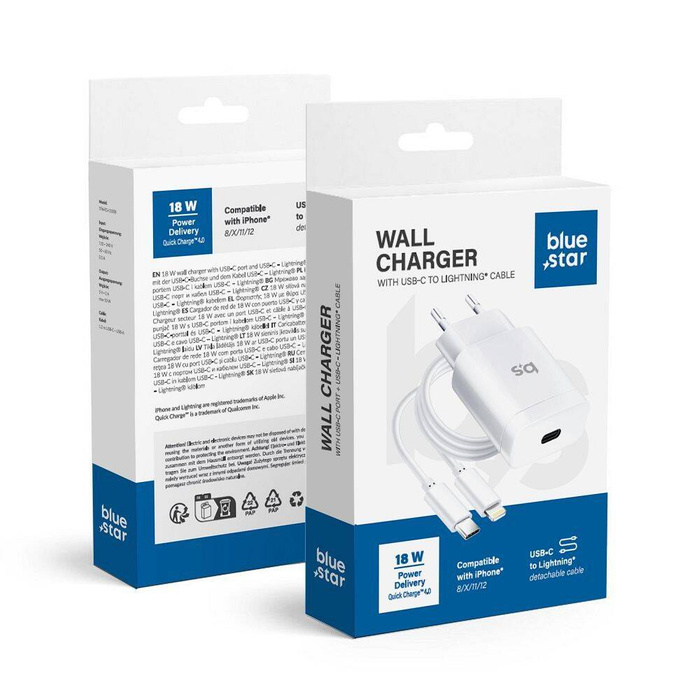Ładowarka sieciowa do telefonu Blue Star USB C QC4.0 PD 3A 18W + kabel USB C do Lightning TFK-TC-1099C biała