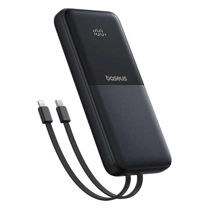 Powerbank Baseus Lipow 10000mAh 22.5W z podwójnym wbudowanym kablem z wyświetlaczem (z dodatkowym czarnym kablem Baseus Simple USB-A - USB-C 3A 0,2m) - czarny
