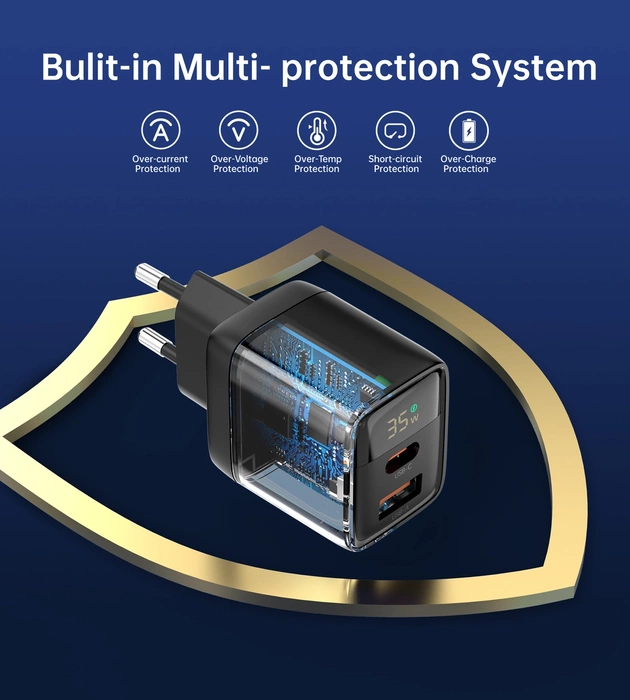 Choetech PD6052 USB-C USB-A PD 35W GaN nástěnná nabíječka s displejem - černá