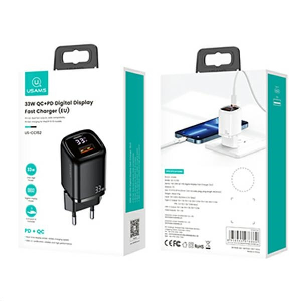 USAMS-Netzaufladung. 1xUSB-C+1xUSB T46 33W (nur Kopf) PD3.0 +QC3.0 Fast Charging schwarz/schwarz CC152TC01 (US-CC152)