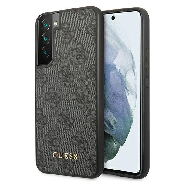 Pouzdro GUESS Samsung Galaxy S22 4G kovové zlaté logo šedé pevné pouzdro