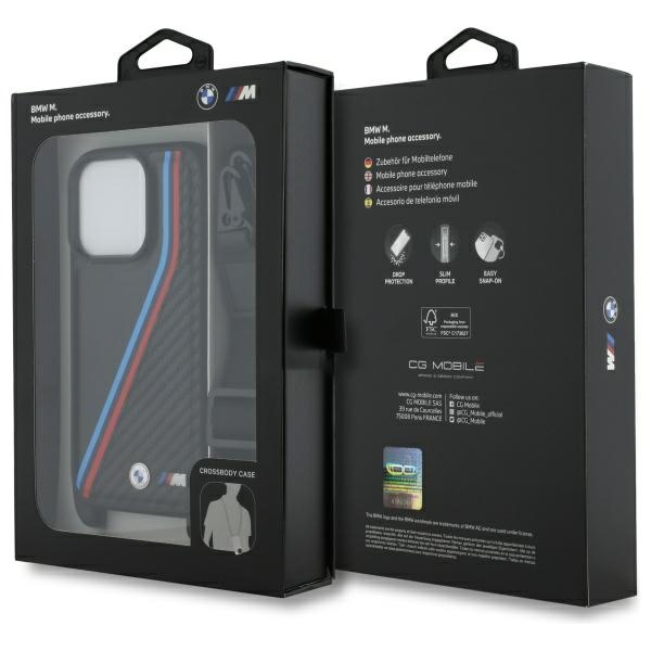 Case BMW iPhone 16 Pro Max black/black hardcase M Edition Carbon Tricolor Lines &amp; Strap