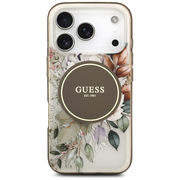 Etui Guess IML Flower & Tonal Circle     MagSafe do iPhone 17 Pro Max brązowy