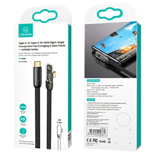 USAMS Kabel úhlový USB-C na USB-C PD 100W rychlonabíjení Iceflake Series 2m černý/černý SJ587USB01 (US-SJ587)