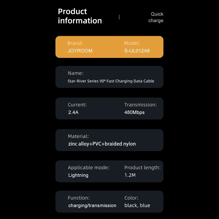 Joyroom S-UL012A6 USB-A angled cable - Ligtning 2.4A 1.2m - blue