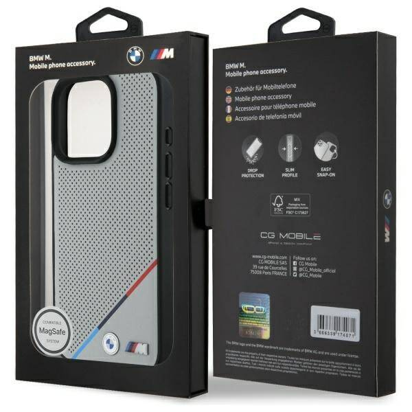 Coque BMW iPhone 16 Pro Max 6.9" gris/gris durcase M Perforated Tricolor Line MagSafe