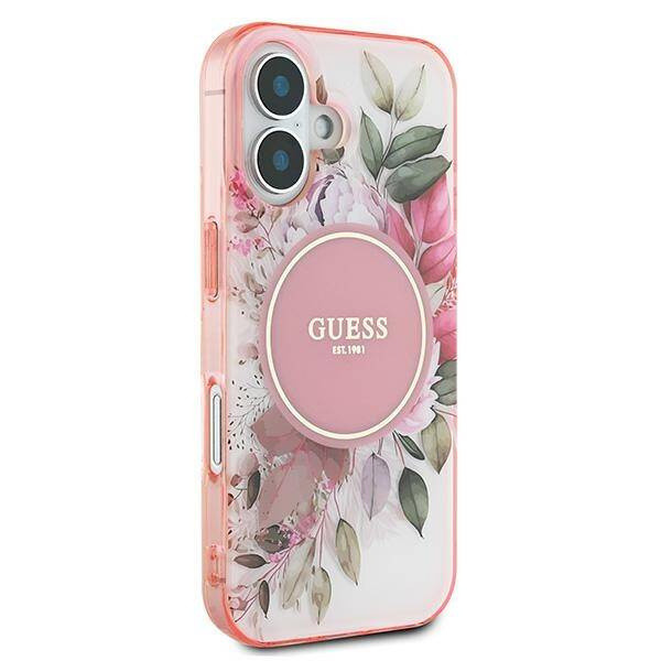 Etui Guess iPhone 16 6.1" różowy/pink hardcase IML Flower & Tonal Circle MagSafe