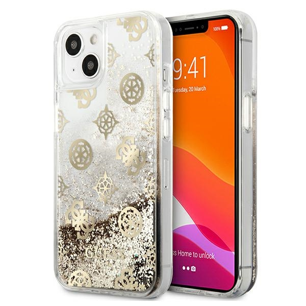 Pouzdro GUESS Apple iPhone 13 Mini Peony Liquid Glitter Golden Hardcase