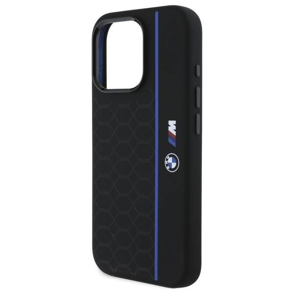 Cover BMW iPhone 16 Pro nero/nero durocase Silicone Hexagon Blue Line MagSafe