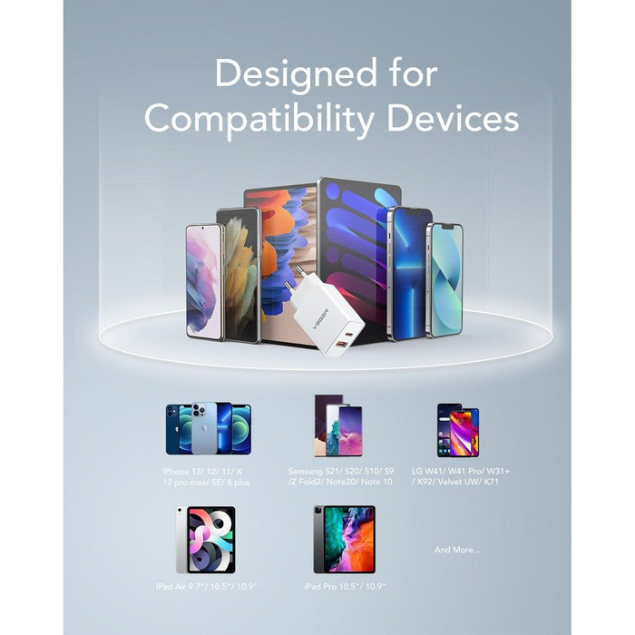 Ładowarka sieciowa do telefonu VEGER USB A + Typ C PD QC3.0 3A 30W VLS302U biała