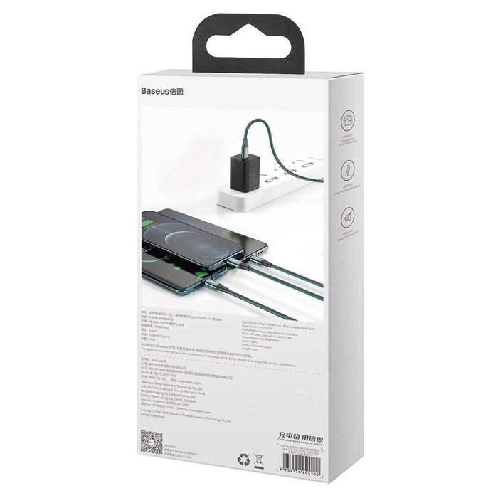 Baseus Rapid 3v1 USB Type C - USB Type C / Lightning / micro USB kabel 20 W 1,5 m zelený (CAMLT-SC06)