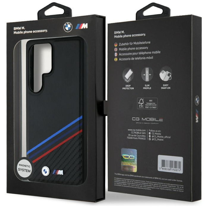 Cover BMW Leather Tricolor Crossing Stripes MagSafe per Samsung Galaxy S25 Ultra nero