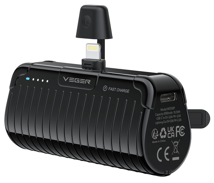 Powerbank Veger PlugOn (W0558P) PD QC3.0 2,4A 20W 5000 mAh z wbudowanym złączem Lightning czarny