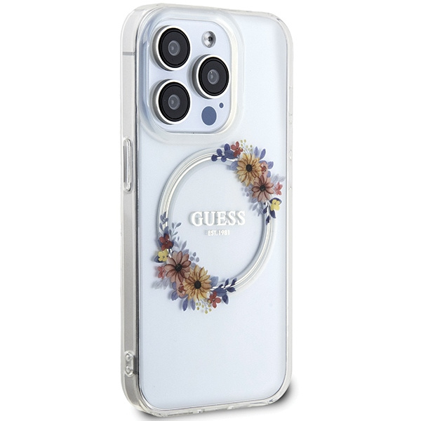 Etui Guess GUHMP15XHFWFCT iPhone 15 Pro Max 6.7" transparent hardcase IML Flowers Wreatch MagSafe Case