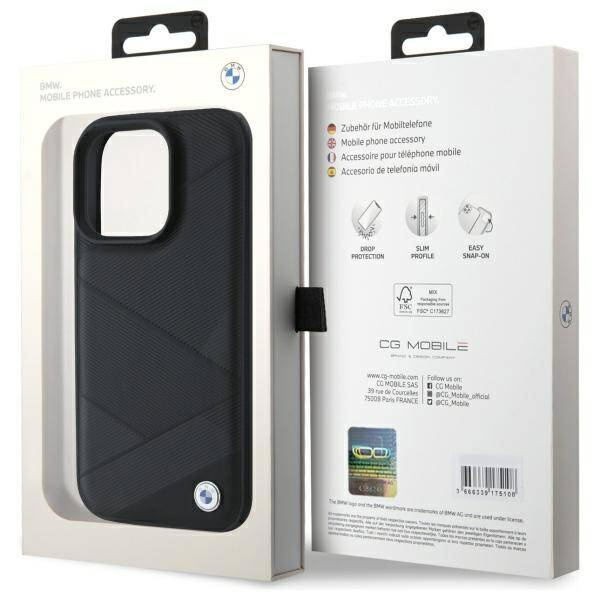 Case BMW iPhone 16 Pro Max 6.9" black/black hardcase Sign Leather Crossing Lines Pattern