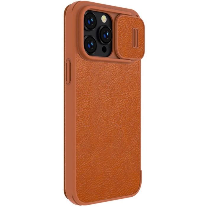 Etui Nillkin Qin Leather Pro Case etui iPhone 14 Pro Max osłona na aparat kabura pokrowiec obudowa z klapką brązowy