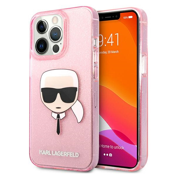 Pouzdro KARL LAGERFELD Apple iPhone 13 Pro Max Glitter Karl`s Head Pink Hardcase