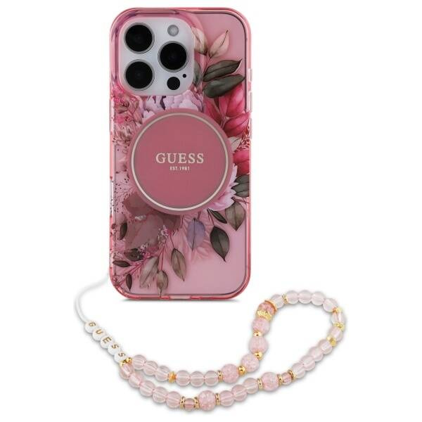 Etui Guess iPhone 16 Pro 6.3" różowy/pink hardcase IML Flowers With Pearl Strap MagSafe