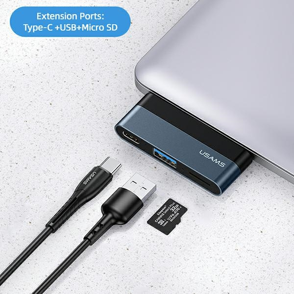 USAMS Adaptateur HUB USB 3.0/USB-C/Micro SD gris/gris SJ491HUB01 (US-SJ491)