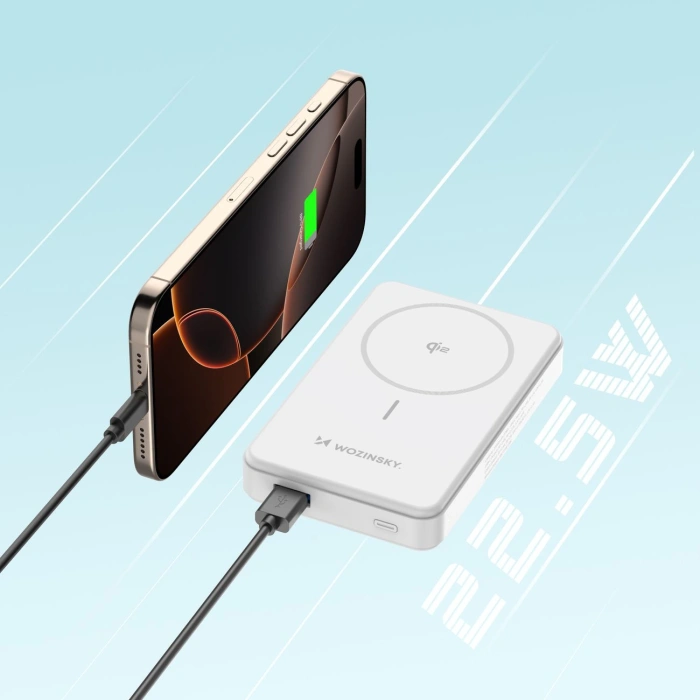 Powerbank Wozinsky WLWP-10KA0Y3WS 22,5W PD Qi2 10000 mAh, z podstawką, 1x USB-A, 1x USB-C - biały