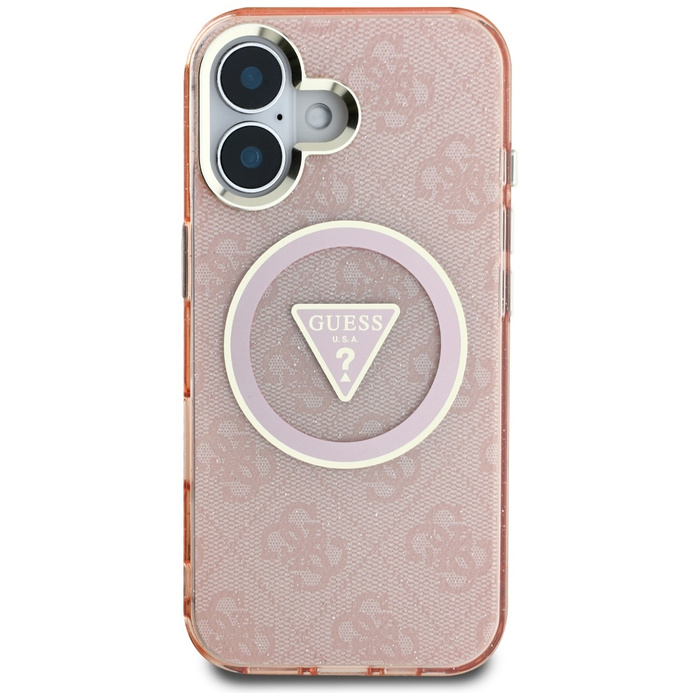 Etui Guess IML Metal Glitter 4G Circle   Triangle MagSafe do iPhone 16 różowy