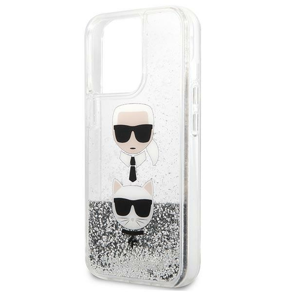 Coque KARL LAGERFELD Apple iPhone 13 Pro Max Liquid Glitter Karl&amp;Choupette Head Silver Hardcase