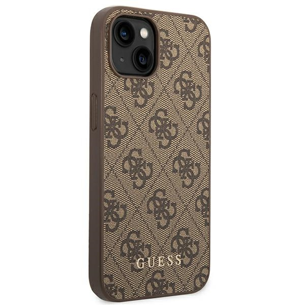 Hülle GUESS Apple iPhone 14 4G Metall Gold Logo Braun Hartcase