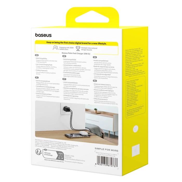 Baseus Palm 20W USB-C USB-A Wandladegerät - Schwarz