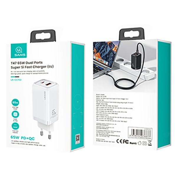 USAMS Network Charge. 1xUSB-C+1xUSB T47 65W PD Fast Charging Super Si white/white CC153TC02 (US-CC153)